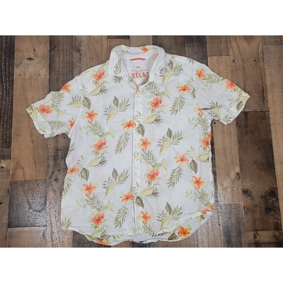 Tommy Bahama Relax Mens Large Floral 100% Linen Tropical Beach‎ Button SS Shirt - Picture 1 of 6